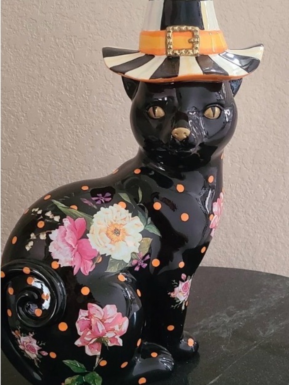 McKenzie Childs black flower market Halloween cat.